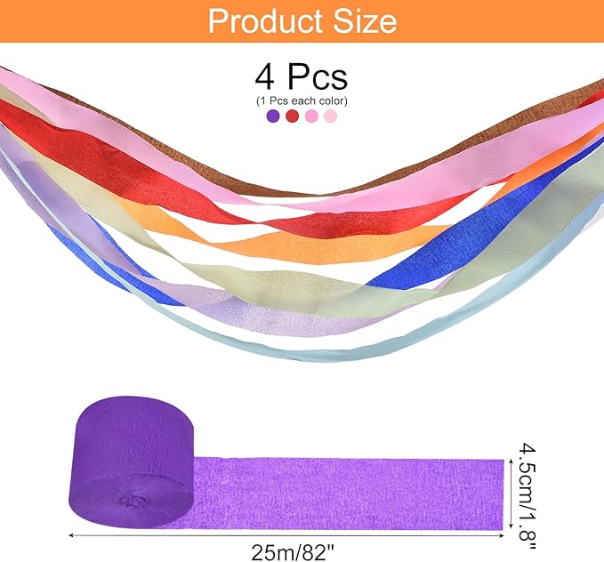 Crepe Paper Roll, 4 Rolls 328ft Crepe Paper Streamers, [for Party Streamer Decorations, Birthday Party] - (1.8 Inch x 82 ft/Roll) / Pink, Red, Peach Pink, Deep Purple