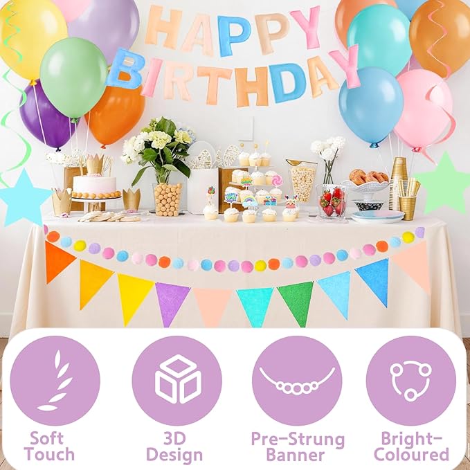 43PCS Pre-Strung 3D Felt Happy Birthday Banner, Macaron Color Happy Birthday Fabric Banner Felt Pom Garland Triangle Fabric Happy Birthday Banner for Handmade Felt Reusable Birthday Banner Supplies