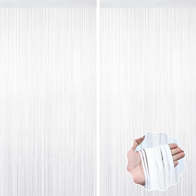 2 Pack White Tinsel Curtain Party Backdrop Decorations, Metallic Foil Fringe Curtain for Wedding Parties Door Streamers Christmas Baby Bridal Shower Birthday Bachelorette Photo Booth Party Decor