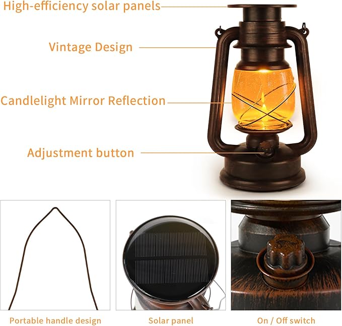 Solar Lanterns Outdoor Waterproof - 2 Pack Hanging Solar Garden Lights, Camping Lamp & Power Outages, Vintage Decor for Patio, Porch, Yard - Two Modes (White & Warm White)
