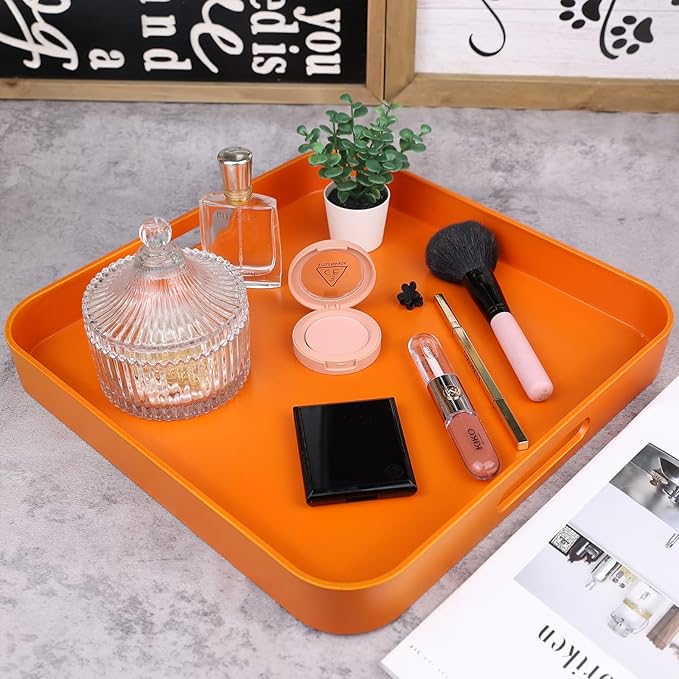 Square Orange Decorative Serving Tray with Handles, Versatile Ottoman Tray for Coffee Table, Entertaining, Outdoor Patio, Living Room, 13”*13”*1.6”