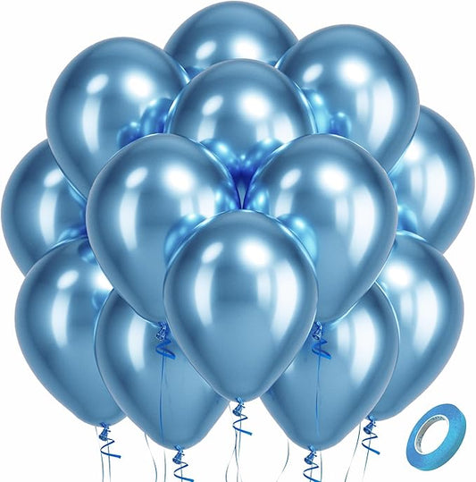 Bezente Metallic Light Blue Latex Party Balloons - 100 Pack 12 inch Round Helium Chrome Metallic Light Baby Pastel Blue Balloons for Graduation Birthday Gender Reveal Carnival Party Decorations