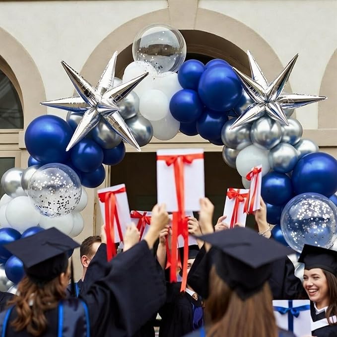 RUBFAC Blue and Silver Balloon Arch Kit, Navy Blue Silver White Graduation Balloons, 140pcs Confetti Star Latex Balloons for Birthday Wedding New Year Party Decorations