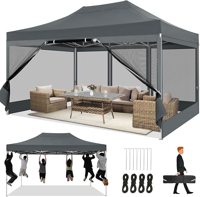 COBIZI 10x15 Heavy Duty Pop Up Canopy with 4 Sidewalls, Easy Set Up Outdoor Commercial Canopy with Mosquito Netting Waterproof Instant Screen Tent for Backyard, Patio, Garden, Gray