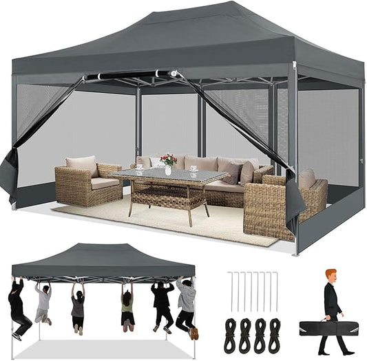 COBIZI 10x15 Heavy Duty Pop Up Canopy with 4 Sidewalls, Easy Set Up Outdoor Commercial Canopy with Mosquito Netting Waterproof Instant Screen Tent for Backyard, Patio, Garden, Gray