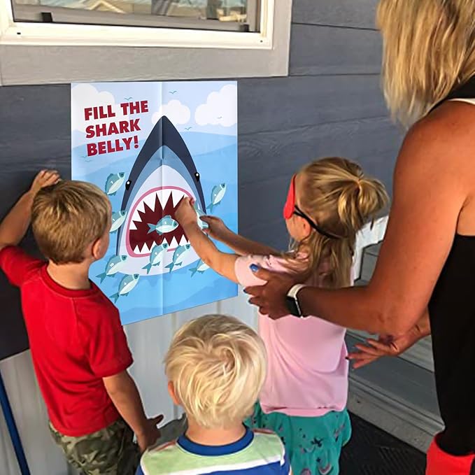 PARTYLOUD Shark Party Games, Pin The Fish on The Shark, Shark Party Games Party Birthday Party Fun Games Supplies Decorations Decor for Kids Families Adult Groups