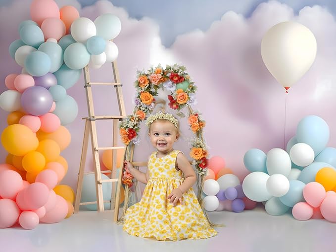 Kate Colorful Balloons Birthday Backdrop for Kids Cake Smash Cloud Home Party Decoration Background Photo Fabric Props (7x5ft)