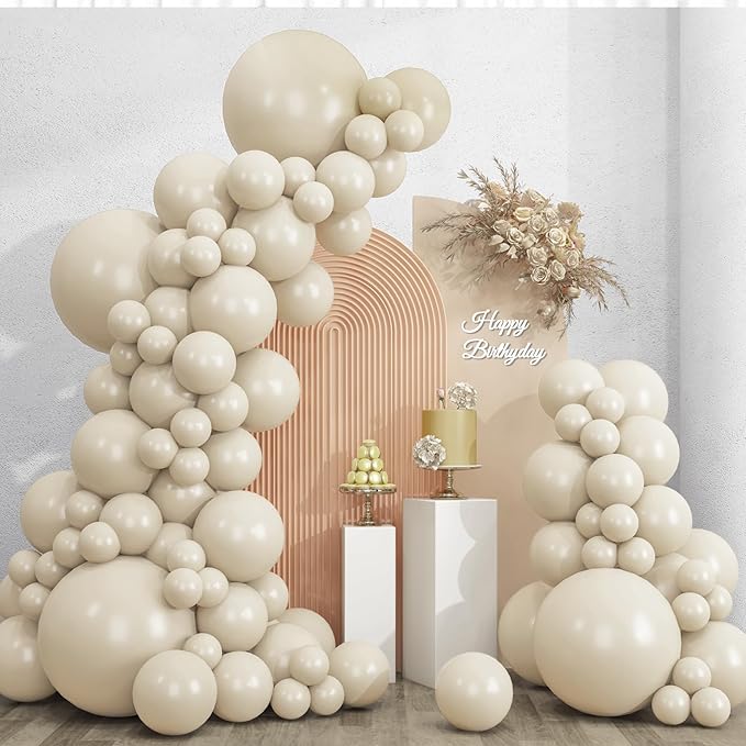 RUBFAC 135pcs Sand White Balloons Cream Beige Latex Balloon, Different Sizes 18 12 10 5 Inch for Garland Arch Wedding Birthday Party Baby Shower Anniversary Boho Decorations