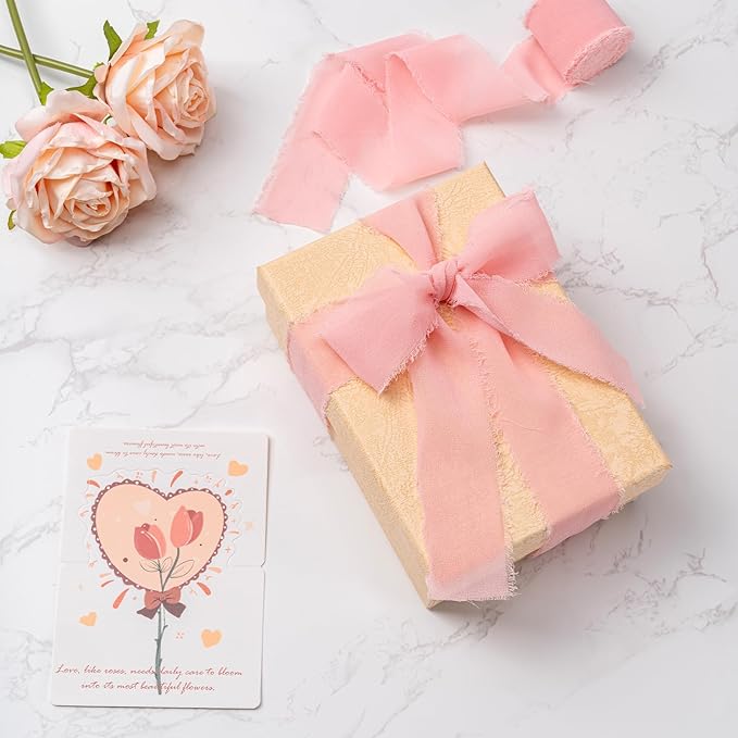 Husfunov Blush Pink Handmade Chiffon Ribbon,1.5Inch x 3 Rolls Total 24 Yards Blush Pink Fringe Chiffon Silk Ribbon,for Wrapping Wedding Invitations,Bridal Bouquets,DIY Crafts,Home Decor and More