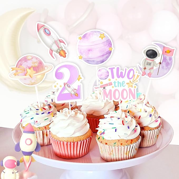 Jollyboom Two The Moon Birthday Decorations, 36pcs Outer Space 2nd Birthday Party Decoration Cupcake Toppers Pink Planet Rocket for 2 Year Old Girl Galaxy Solar System Bday Party