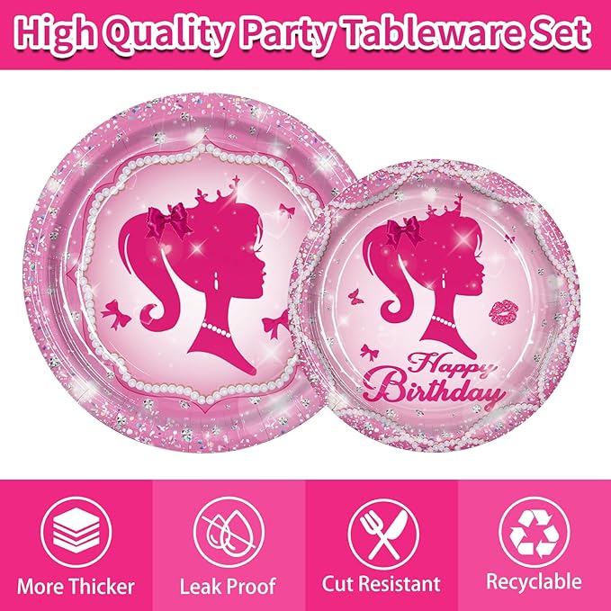 161CT Pink Girl Babe Happy Birthday Party Supplies Babe Head Paper Plates Cups Straw Napkins Spoon Fork knives Tablecloth Hot Pink Girl Party Decorations Tableware for 20 Guests for Bday Baby Shower