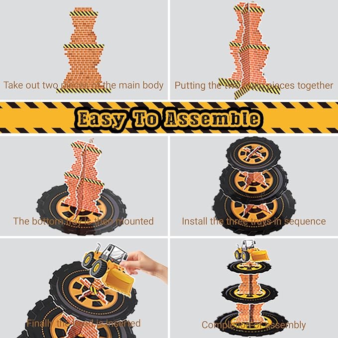 Construction 3-Tier Cardboard Cupcake Stand Dessert Display Tower Holder for Construction Birthday Party Supplies