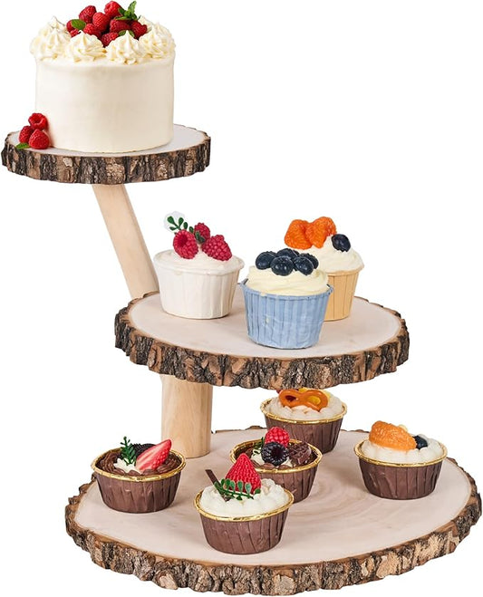 GENMOUS Wooden Farmhouse Style Cake Stand - Multifunctional 3-Tired Wedding Cake Stand Wood & Display Serving Tray Platter, for Appetizers Desserts Charcuterie Board