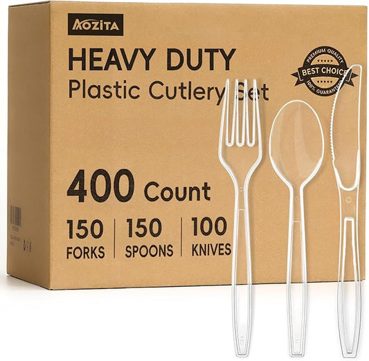 400 Count Heavy Duty Plastic Silverware, BPA-Free, Clear Plastic Cutlery Set, Premium Disposable Utensils for Party Everyday Use, 150 Forks, 150 Spoons and 100 Knives