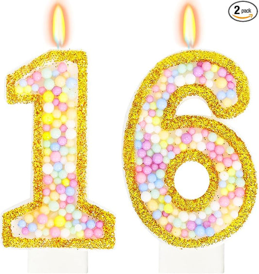 16th Birthday Candle for Cake, Colorful Macaron Numeral Candles for Boys/Girls, Birthday Party Cake Decorations, Golden Cake Topper for Birthday Party Supplies (Number 16)