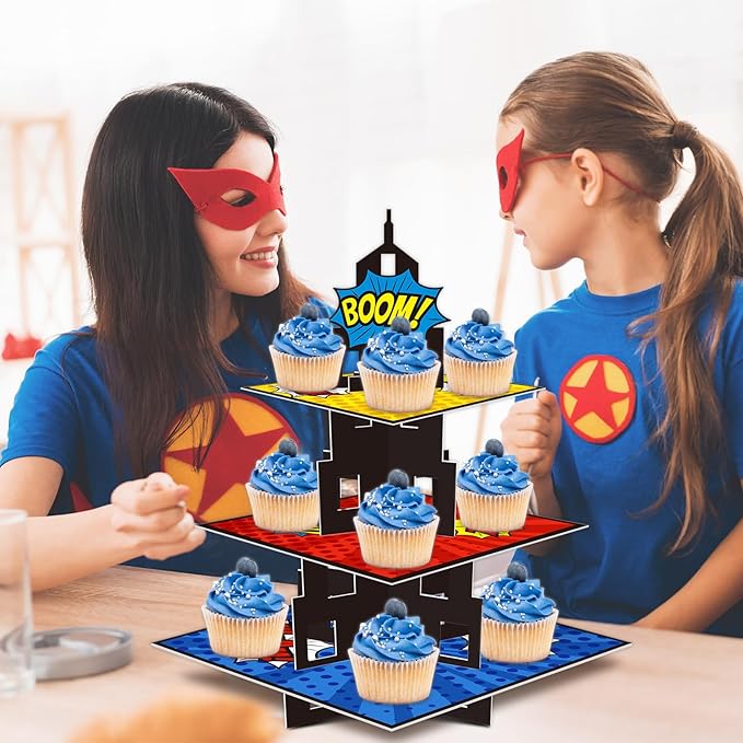 KALEFO Superhero Party Supplies Cake Stand 3 Tier Cupcake Stand Super Hero Parties Favors Mini Cup Cake Holder for Birthday Decorations (Superhero)