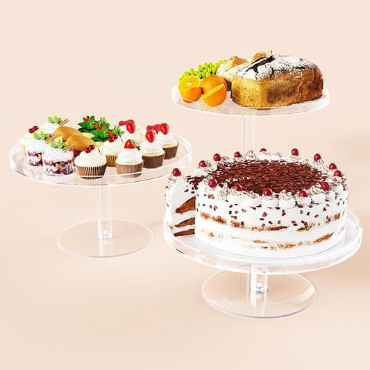 Bakzon Acrylic Cupcake Stand, Clear Dessert Dessert Table Display Set, Cupcake Tower Holder Display with Base for Wedding, Party, Baby Shower, 3 Set Round, Transparent