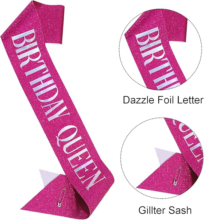 Birthday Queen Sash, Dazzle Foil Letter Glitter Hot Pink Birthday Sash for Women Girl 21st 30th 40th 50th 60th Gifts Funny Bday Gifts Party Favors Photo Prop