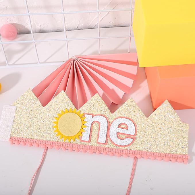 YOUAME Sunshine One Birthday Crown - Pink and Yellow Headwear for Toddlers' First Birthday, Sun Themed Party Decor, You Are My Sunshine Crown