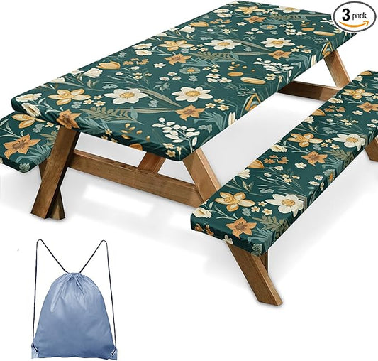 Picnic Table Cover with Bench Covers Elastic Edges, Floral Botanical Camper Fitted Table Cover, Outdoor Camping Essentials 72 Inch 3PCS, Waterproof Camping Fitted Tablecloth with Drawstring Bag