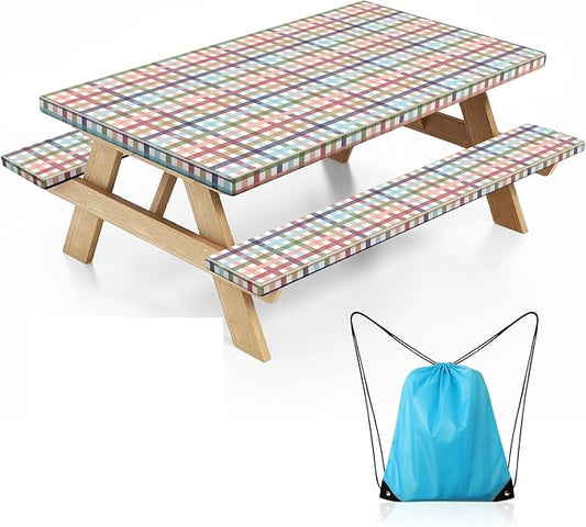 Picnic Table and Bench Cover, Camping Essentials RV Gear, 72in Waterproof Windproof Outdoor Elastic All Around Tablecloth