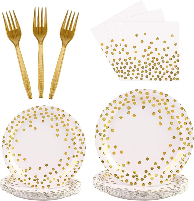 96PCS White and Gold Plates and Napkins Party Supplies, Gold Dot Disposable Party Paper Plates and Napkins with Forks Tableware Set for Wedding Baby Shower Birthday Party Decorations 24 Guests