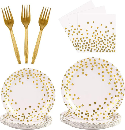 96PCS White and Gold Plates and Napkins Party Supplies, Gold Dot Disposable Party Paper Plates and Napkins with Forks Tableware Set for Wedding Baby Shower Birthday Party Decorations 24 Guests