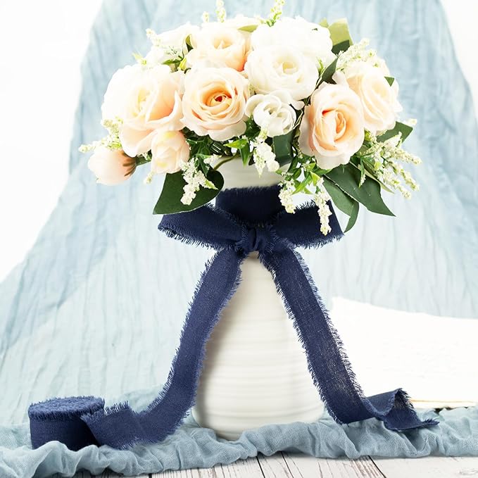 Navy Blue Cotton Ribbon 1 Inch Navy Blue 3 Rolls 21 Yards Frayed Edge Fabric Set for Formal Wedding Decor, Graduation Party, Gift Wrapping, Patriotic Party & Memorial Day