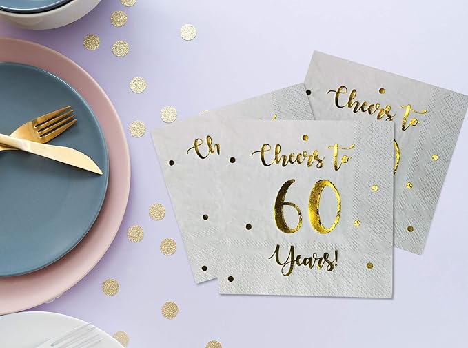 Cheers to 60 Years Cocktail Napkins | Happy 60th Birthday Decorations for Men and Women and Wedding Anniversary Party Decorations | 50-Pack 3-Ply Napkins | 5 x 5 inch folded (White)