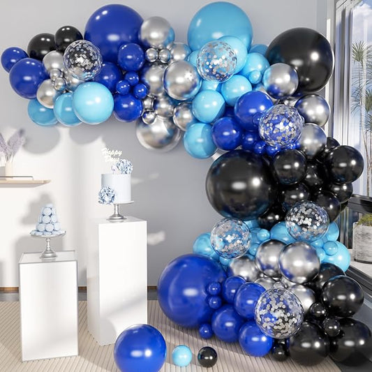 MEBAY Blue Silver Black Balloons Garland Arch Kit, 146 Pcs Royal Light Blue Metallic Confetti Silver Balloons for Baby Shower Graduation Anniversary Retirement Birthday Party Decoration