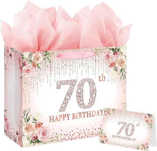 Laidans Large Pink 70th Happy Birthday Gift Bag with Tissue Paper and Card for Women Party (Rose Gold) (70th)