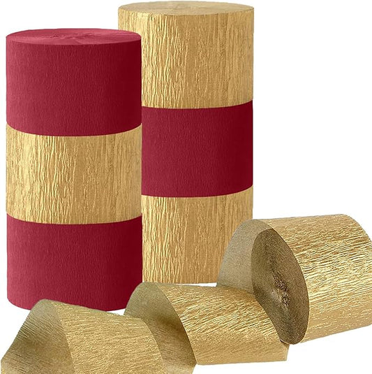 CC wonderland zone 6 Rolls Burgundy and Glod Crepe Paper,Maroon and Glod Paper Streamers for Birthday Party Decorations