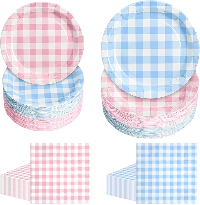 180Pcs Pink and Blue Gingham Party Supplies Paper Plates and Napkins Serve 60 Disposable Tableware Set for Shower Birthday Party Decorations Game Day Family Holiday
