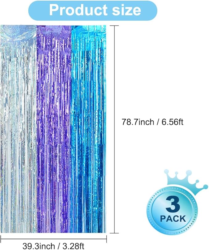 BEISHIDA 3 Pack Streamers Fringe Foil Curtain Backdrop Curtain, Tinsel Curtain Wall Door Party Streamers for Birthday Party Decoration-Silver Blue Purple (3.28 ft x 6.56 ft)
