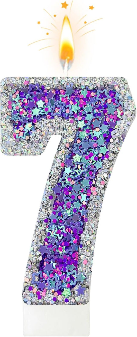 K-pop Number 7 Birthday Candle, Star Glitter Filled Number Candle, Purple Silver Fantasy Cake Topper for Birthday Party Decoration