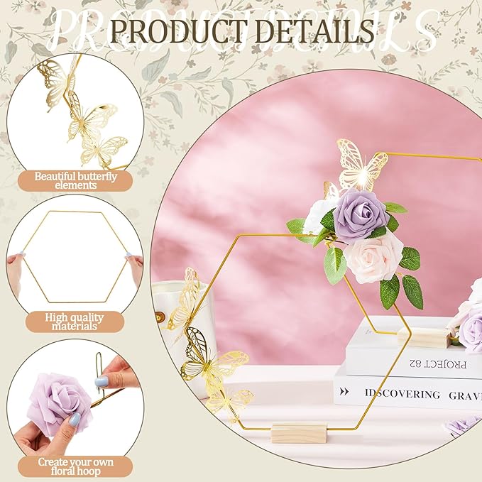 Vercraft 12 Set butterfly Metal Floral Hoop Table Centerpieces Include Metal Ring with Base 3D Butterfly Decoration, PE Foam Flower, Adhesive Dots, Gold Wires for DIY Wedding Baptism Party(Hexagon)