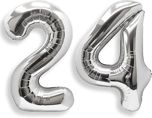 AULE 40 Inch Large 24 Balloon Numbers Silver, Big Foil Number Balloons, Giant Helium Happy 24th Birthday Party Decorations for Man and Women, Huge Mylar Anniversary Party Supplies