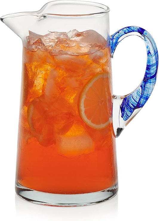 Libbey Cabos Glass Water Pitcher, 90 Oz Handcrafted Drink Pitchers with Spout and Blue Handle, Artisan-Inspired Glass Water Jar for Tables, Kitchen