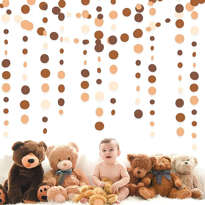 Ombre Brown Party Decorations Polka Dots Garlands Cream Tan Brown Boho Hanging Paper Circle Dots Streamer for Neutral Rustic Cowboy Western Teddy Bear Birthday Baby Shower Wedding Woodland Party Decor