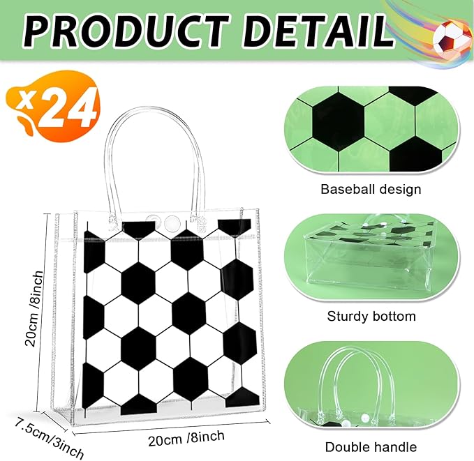 Lonfliness 24Pcs Soccer Clear PVC Gift Bags With Handles Bulk Sport Theme Goodie Treat Candy Bags Team Present Wrap Tote Bags for Boys Birthday Party Favor Baby Shower Decorations Supplies 8 x 8 x 3in