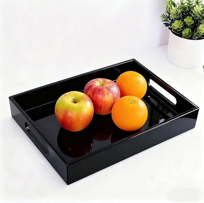 Sturdy 16" Acrylic Serving Tray with Handles - Ottoman Coffee Table Organizer for Food, Tea, Snacks, Vanity & Kitchen Countertop - Multi-Use for Bathroom, Living Room, Bar Parties (Black)