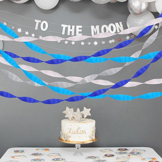 BEISHIDA 8 Rolls Blue Silver White Crepe Paper Streamers for Men Birthday Graduation Party Decorations Baby Shower DIY Craft Paper(1.8 Inch x 82 Ft/Roll)