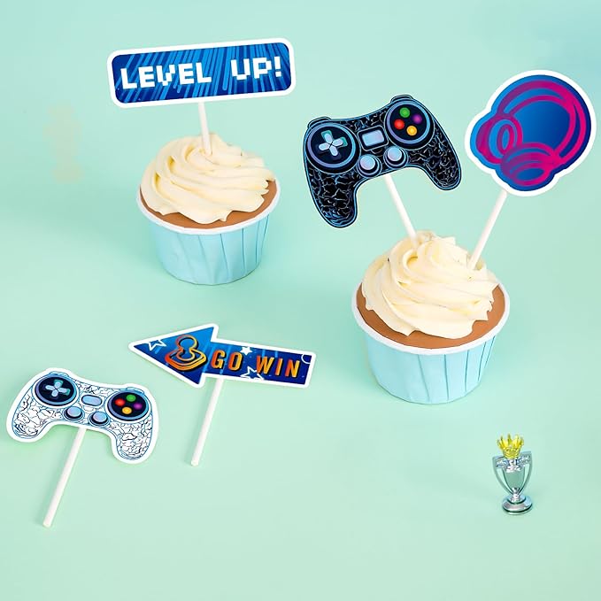 WERNNSAI 35 PCS Video Game Cupcake Toppers - Gaming Cake Toppers Game Birthday Party Cake Decorations for Kids Boys Gamer Cupcake Toppers Game Party Favors Supplies Gaming Night Party Cake Decors