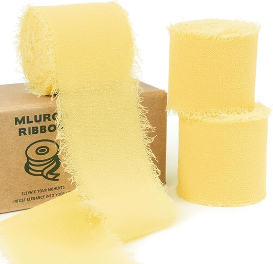 Yellow Chiffon Ribbon, 1-1/2 Inch x 21 Yards, Handmade Fringe, Silk, Boho Frayed, Cream Yellow, Gift Wrapping, Wedding Invitation, Bridal Flower Bouquets