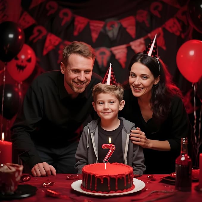 Red Number 7 Birthday Candle for Cake – Dark Horror Style with Alphabet Print & Shadow Design – Unique Cake Topper for Birthday, Anniversary, Themed Party Decoration