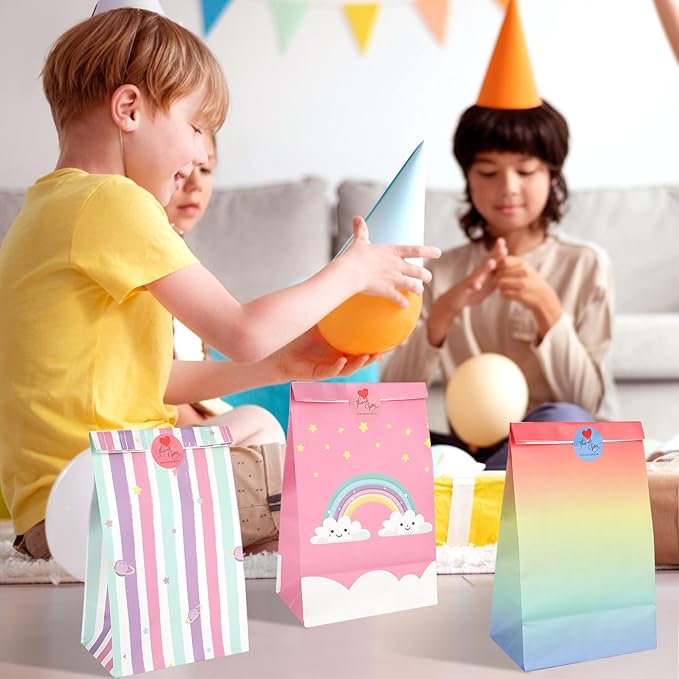 20Pcs Rainbow Party Favor Bags with Stickers, Rainbow Cloud Goodie Candy Bags Treat Bags, Kraft Paper Gift Bags for Birthday Baby Shower Party Supplies