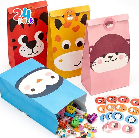 JOHOUSE 24 Pack Small Animal Party Favor Bags with Stickers, 4.7"x 3.1"x 8.7" Paper Goodie Treat Bags for Kids Birthdays, Bulk Gift Packaging Supplies, Candy Snack Party Decorations