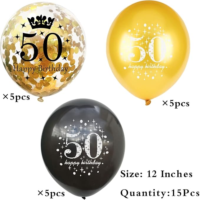 SHUNTAI 50th Birthday Balloons Black and Gold 50th Birthday Decorations Latex Confetti Balloons for Women & Men 50 Year Old Party Decor Supplies 15 Pack 12 Inch