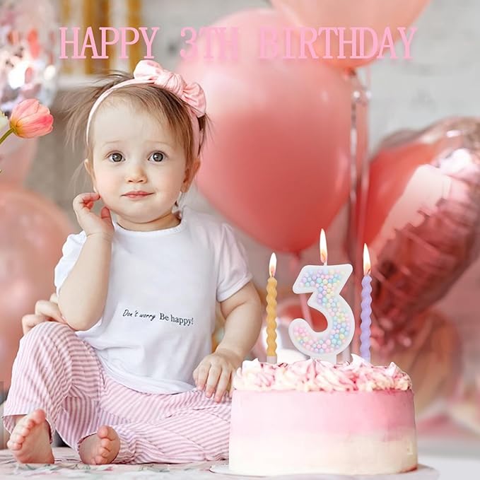 Number Birthday Candles for Cake with 12 Pieces Spiral Candles with Macaron Pastel Rainbow Pink Cake Toppers for Girls Happy Birthday Party Decorations (Number 3)