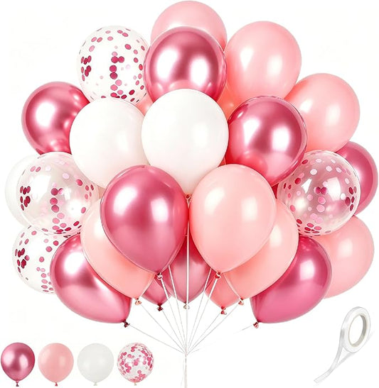 Light Pink and White Balloons Metallic Pink Balloon, 60 Pcs 12 Inch Latex Confetti Metallic Balloons with 1 Ribbon, for Birthday Wedding Bridal Shower Party Decorations